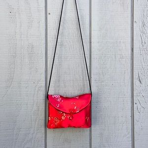 Red satin with strap clutch purse Asian street wear inspired print